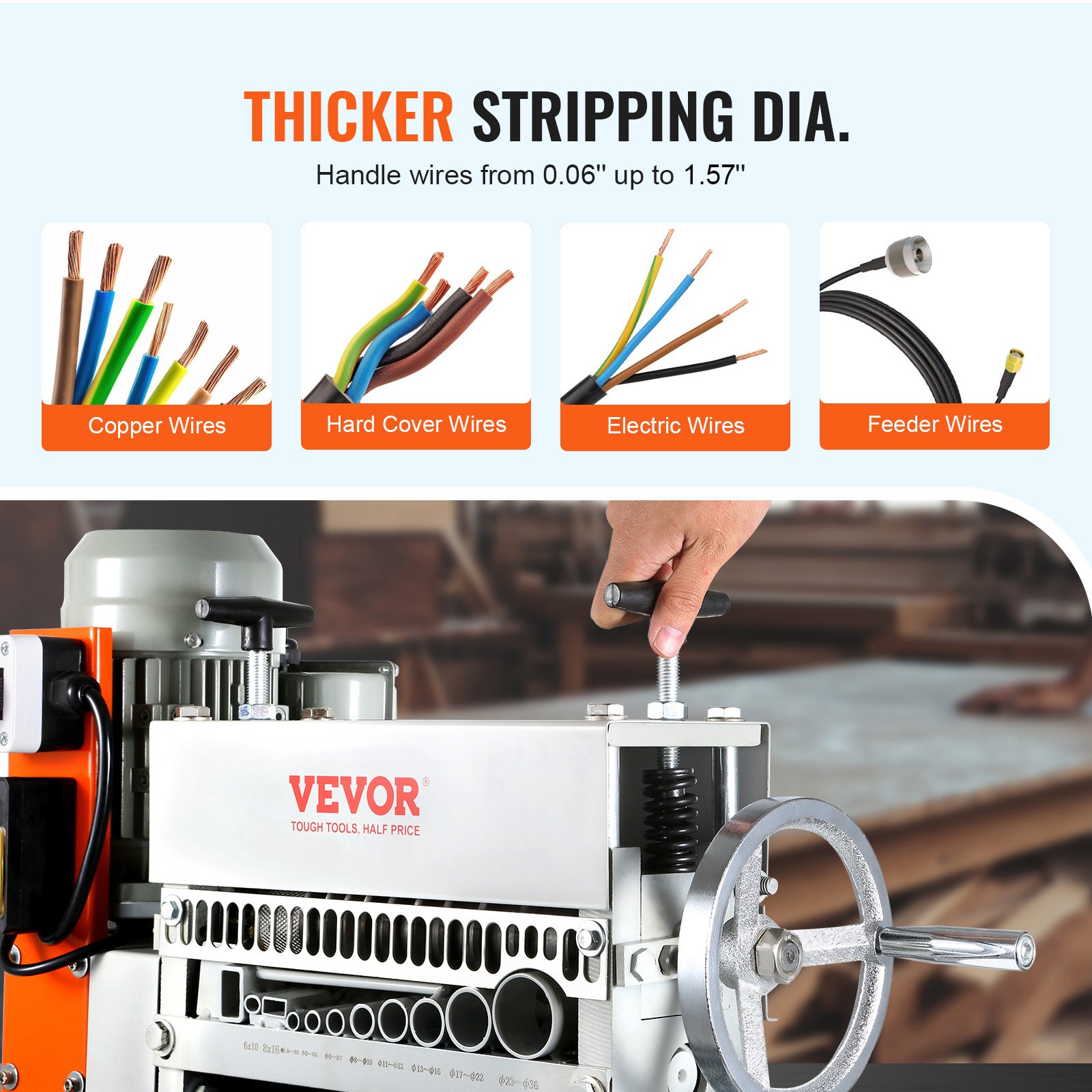 Máquina peladora de cables automática VEVOR que muestra capacidades de pelado para varios tipos y diámetros de cables.