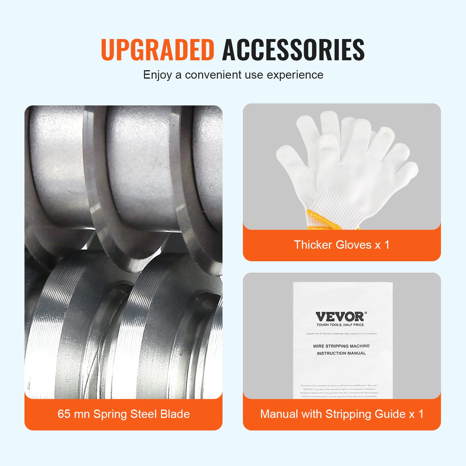 Accesorios mejorados para máquina peladora de cables automática VEVOR: cuchilla de acero, guantes, manual.