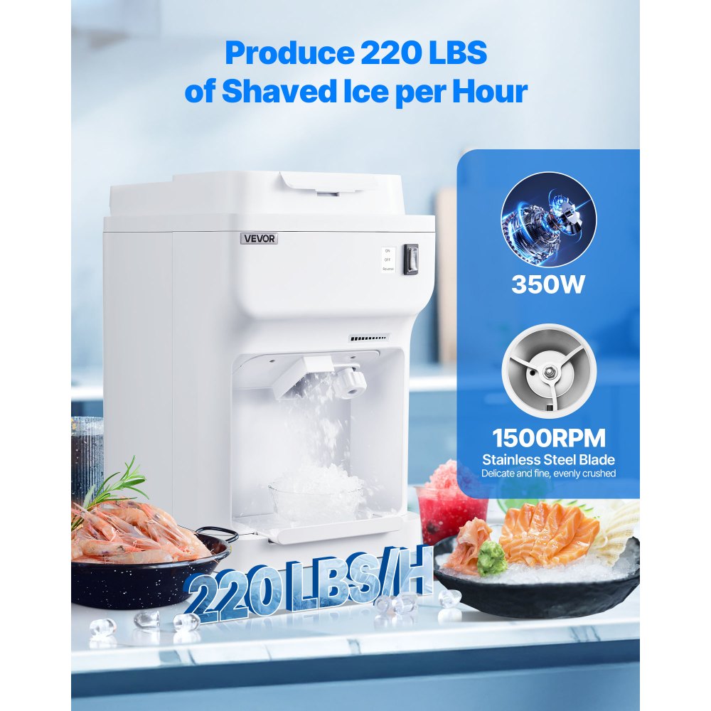 VEVOR Trituradora de Hielo, 220 lb/h, Máquina Eléctrica para Hacer Conos de Nieve con Depósito de Hielo de 4 L, 350 W, 1500 RPM, para Fiestas, Eventos, Bares, Uso Doméstico y Comercial, Blanco