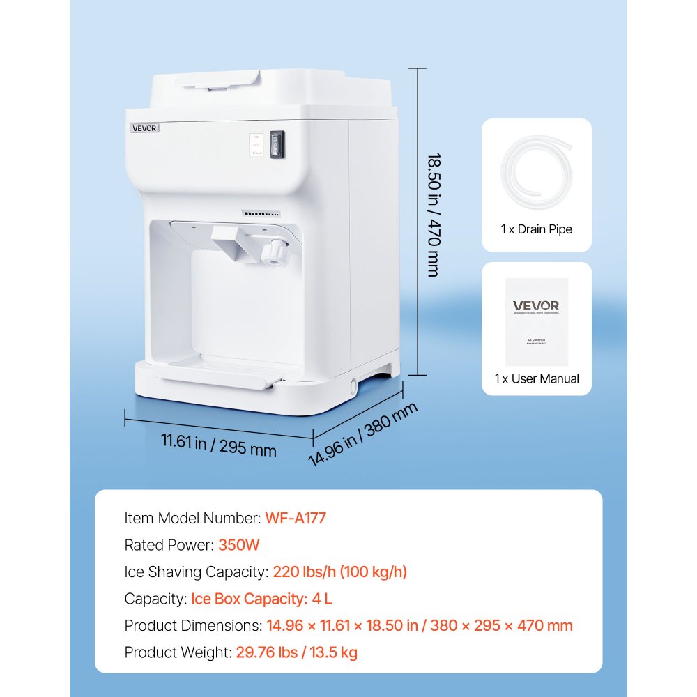 VEVOR Trituradora de Hielo, 220 lb/h, Máquina Eléctrica para Hacer Conos de Nieve con Depósito de Hielo de 4 L, 350 W, 1500 RPM, para Fiestas, Eventos, Bares, Uso Doméstico y Comercial, Blanco
