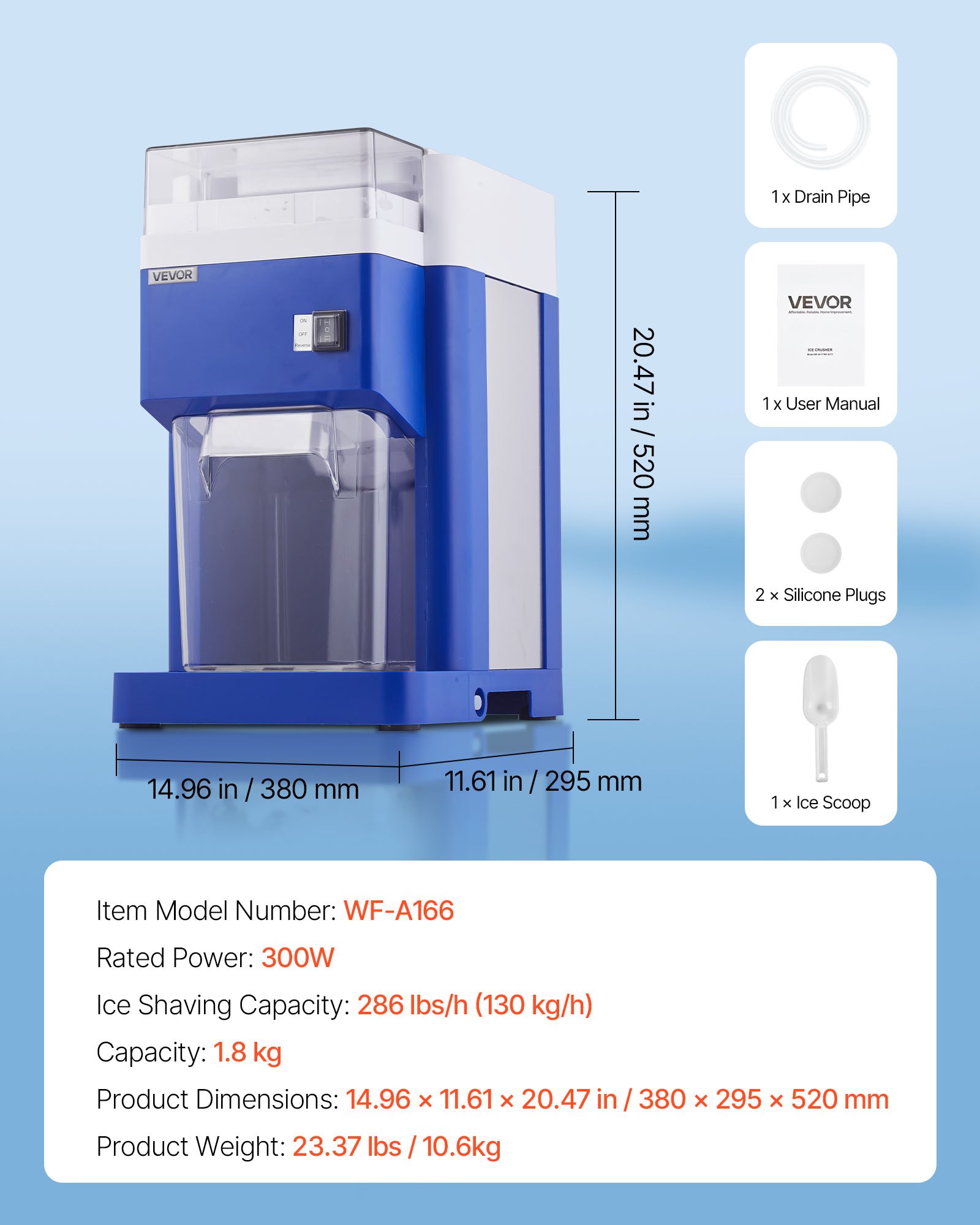 VEVOR - Máquina para raspar hielo comercial, 1.91 qt/1.8 l, eléctrica, grande, para conos de nieve, fina y esponjosa, con motor de 300 W, cuchillas de acero inoxidable, ideal para postres, fiestas, restaurantes, color azul