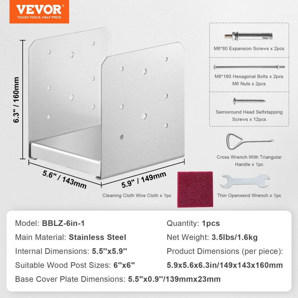 VEVOR 1 Pieza Soportes para Postes de Madera 6"x6" (152x152 mm) Base de Anclaje de Acero Inoxidable para Poste de Madera Tamaño Interno 185x198 mm para Barandilla, Pasamanos, Pabellón, Porche, Terraza