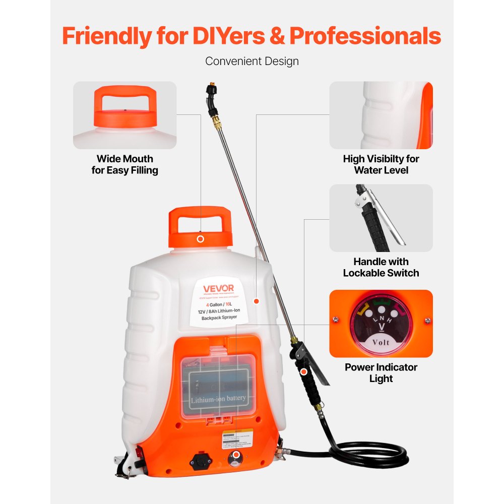 Pulverizador de mochila a batería VEVOR, presión ajustable de 0 a 90 PSI, tanque de 4 galones, 8 boquillas y 2 varillas, batería de 12 V y 8 Ah, tapa ancha para desherbar, pulverizar y limpiar.