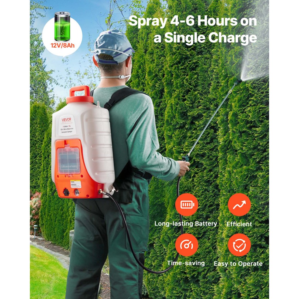 VEVOR Battery Powered Backpack Sprayer, 0-90 PSI Adjustable Pressure, 4 Gallon Tank, Back Pack Sprayer with 8 Nozzles and 2 Wands, 12V 8Ah Battery, Wide Mouth Lid for Weeding, Spraying, Cleaning