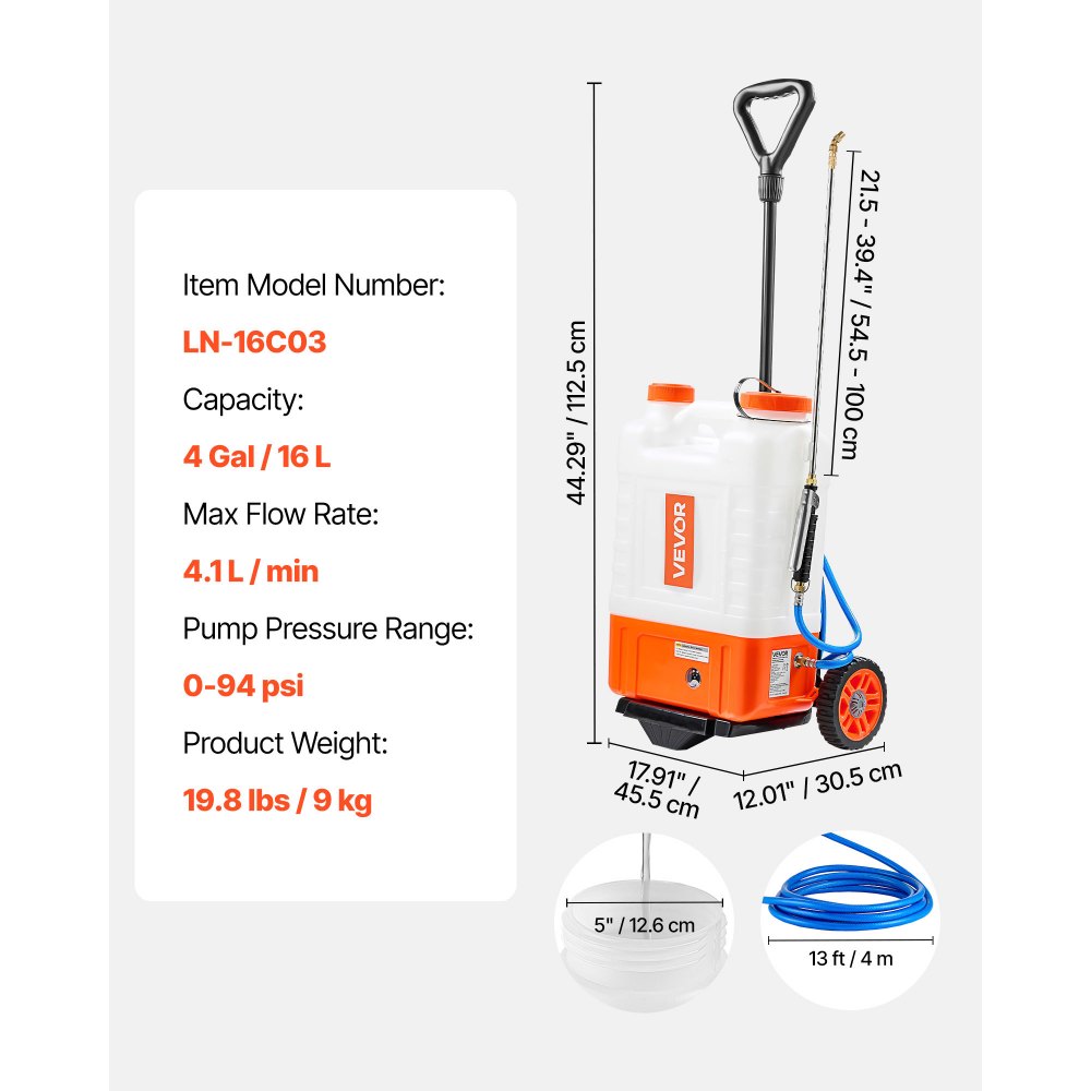 Pulverizador de mochila a batería VEVOR con carrito, presión ajustable de 0 a 94 PSI, tanque de 4 galones con ruedas, 8 boquillas y 2 lanzas, batería de 12 V y 7,2 Ah, tapa de boca ancha para deshierbar, pulverizar y limpiar.