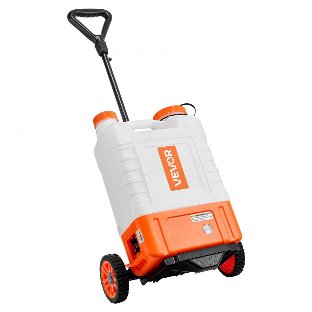 Pulverizador de mochila a batería VEVOR con carrito, presión ajustable de 0 a 94 PSI, tanque de 4 galones con ruedas, 8 boquillas y 2 lanzas, batería de 12 V y 7,2 Ah, tapa de boca ancha para deshierbar, pulverizar y limpiar.