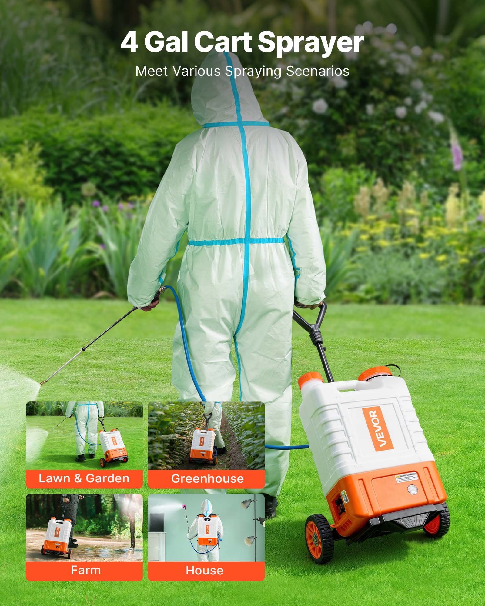 Pulverizador de mochila a batería VEVOR con carrito, presión ajustable de 0 a 94 PSI, tanque de 4 galones con ruedas, 8 boquillas y 2 lanzas, batería de 12 V y 7,2 Ah, tapa de boca ancha para deshierbar, pulverizar y limpiar.