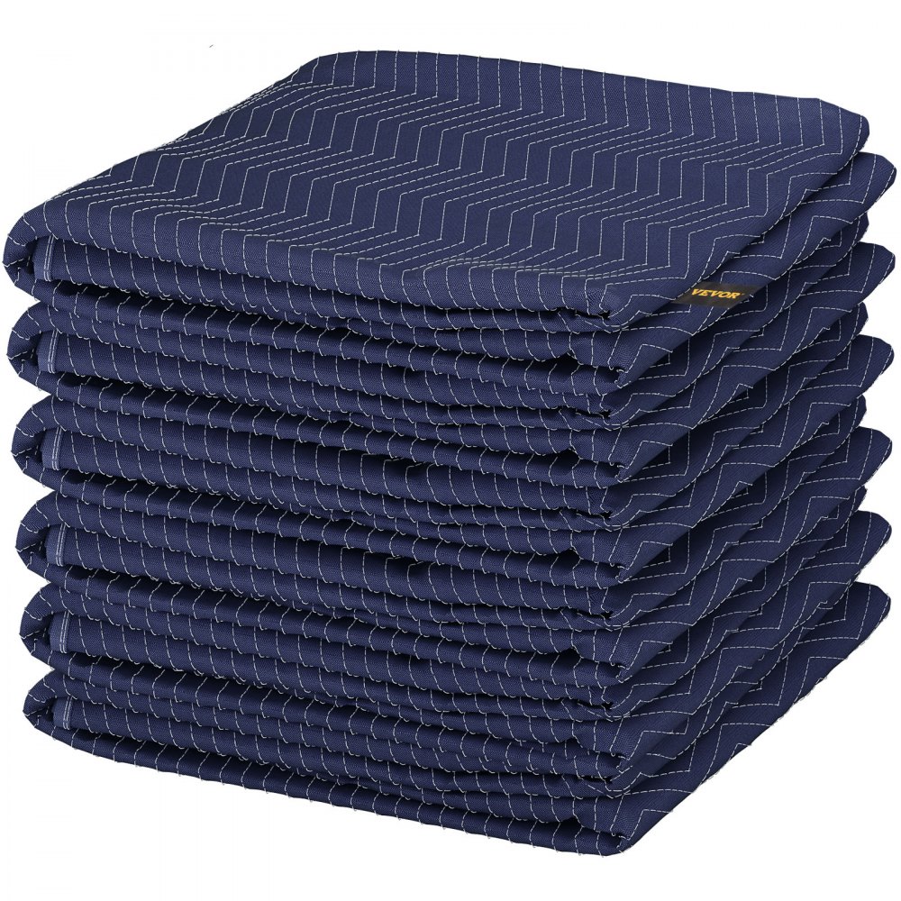 pila de mantas de mudanza VEVOR azules dobladas con costuras en zigzag blancas.