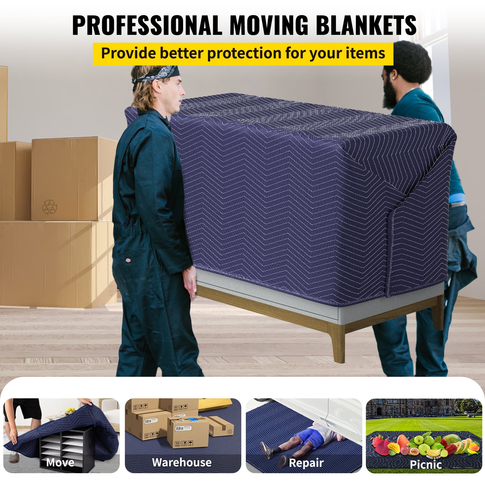 Mudanzas profesionales que utilizan mantas de mudanza VEVOR para proteger los muebles, con especial atención en mudanzas, almacenes, reparaciones y picnic.