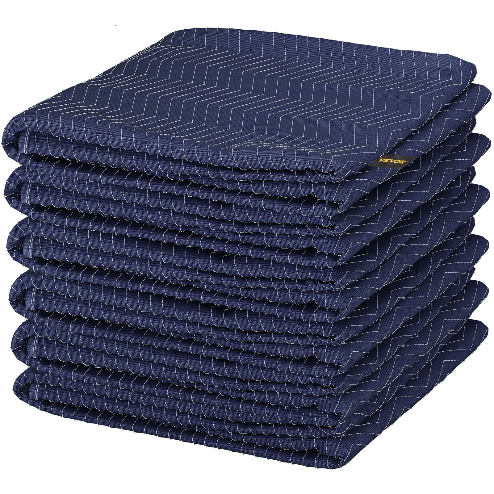 pila de mantas de mudanza VEVOR azules dobladas con costuras en zigzag blancas.