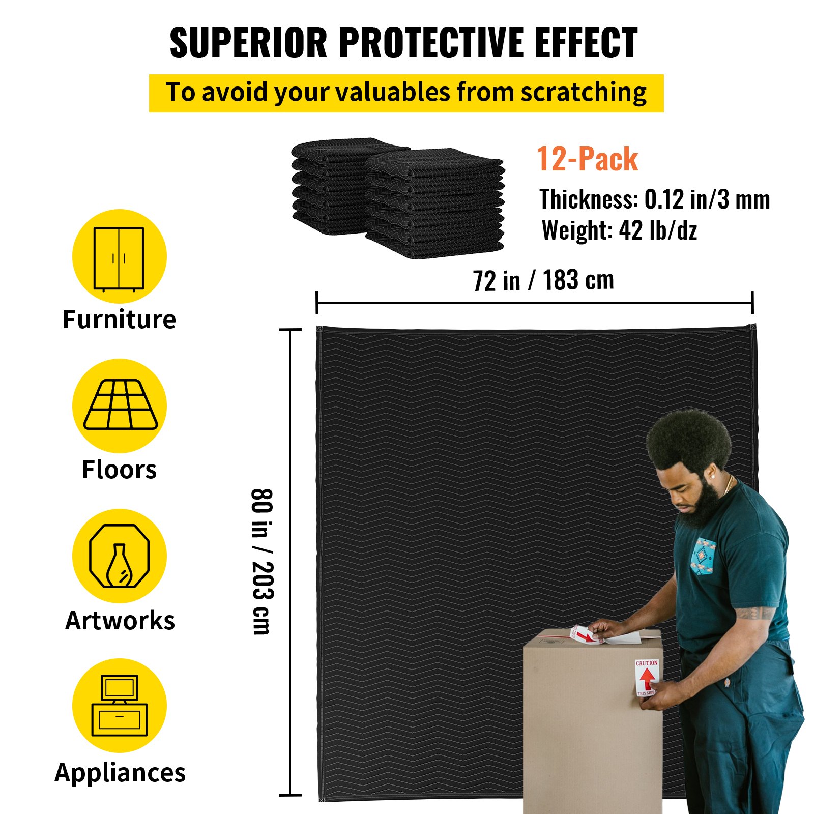 Mantas de mudanza VEVOR, 80" x 72" (peso de 42 lb/dz) - 12 paquetes, manta de embalaje de algodón reciclado y no tejido profesional, almohadillas de mudanza resistentes para proteger muebles, pisos, electrodomésticos, negro