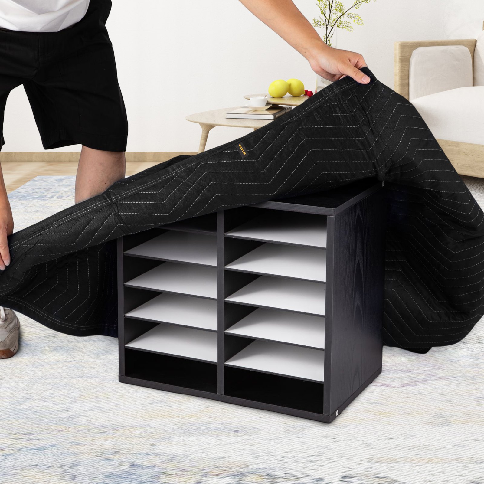 Mantas de mudanza VEVOR, 80" x 72" (peso de 42 lb/dz) - 12 paquetes, manta de embalaje de algodón reciclado y no tejido profesional, almohadillas de mudanza resistentes para proteger muebles, pisos, electrodomésticos, negro