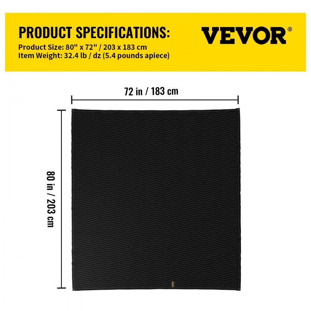 Mantas móviles VEVOR de 80&quot; x 72&quot; con detalles del peso del producto sobre un fondo amarillo.