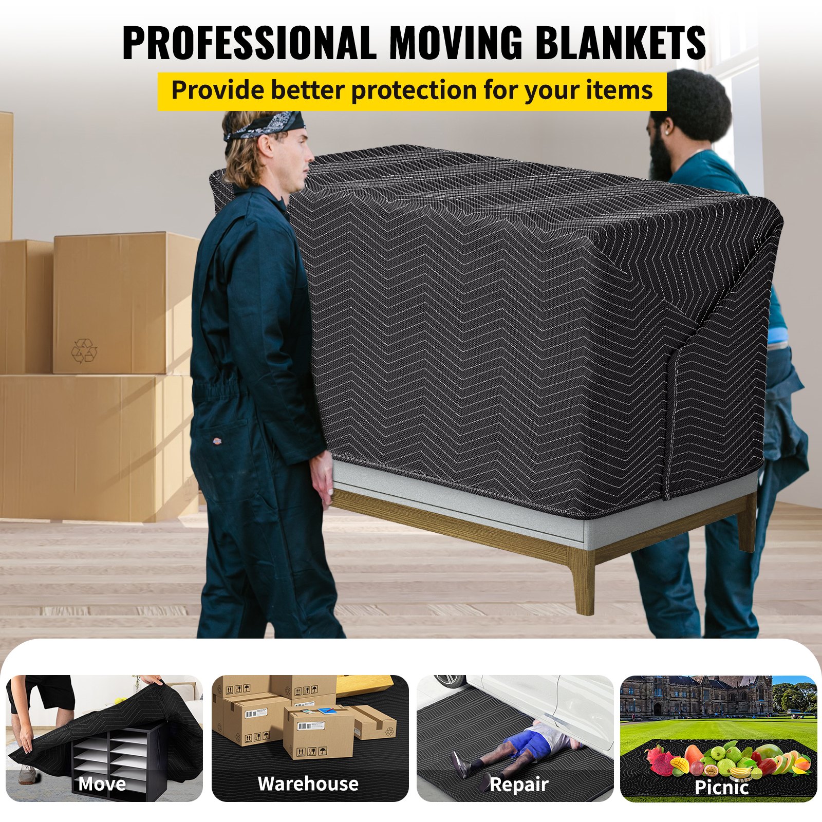Mantas de mudanza profesionales en uso para proteger muebles, promocionando las mantas de mudanza VEVOR para diversas tareas.
