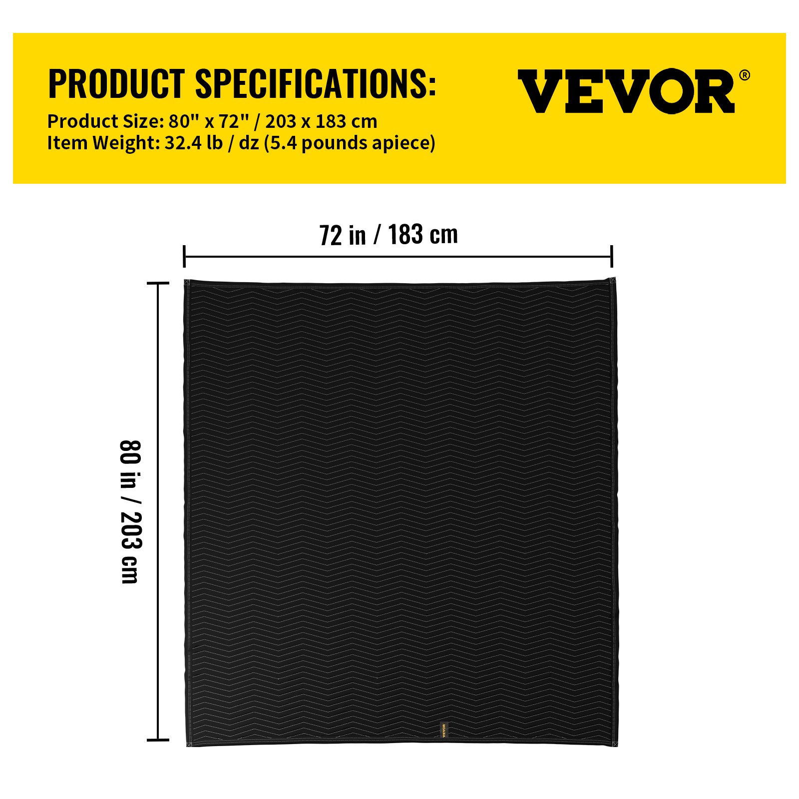 Mantas móviles VEVOR de 80&quot; x 72&quot; con detalles del peso del producto sobre un fondo amarillo.