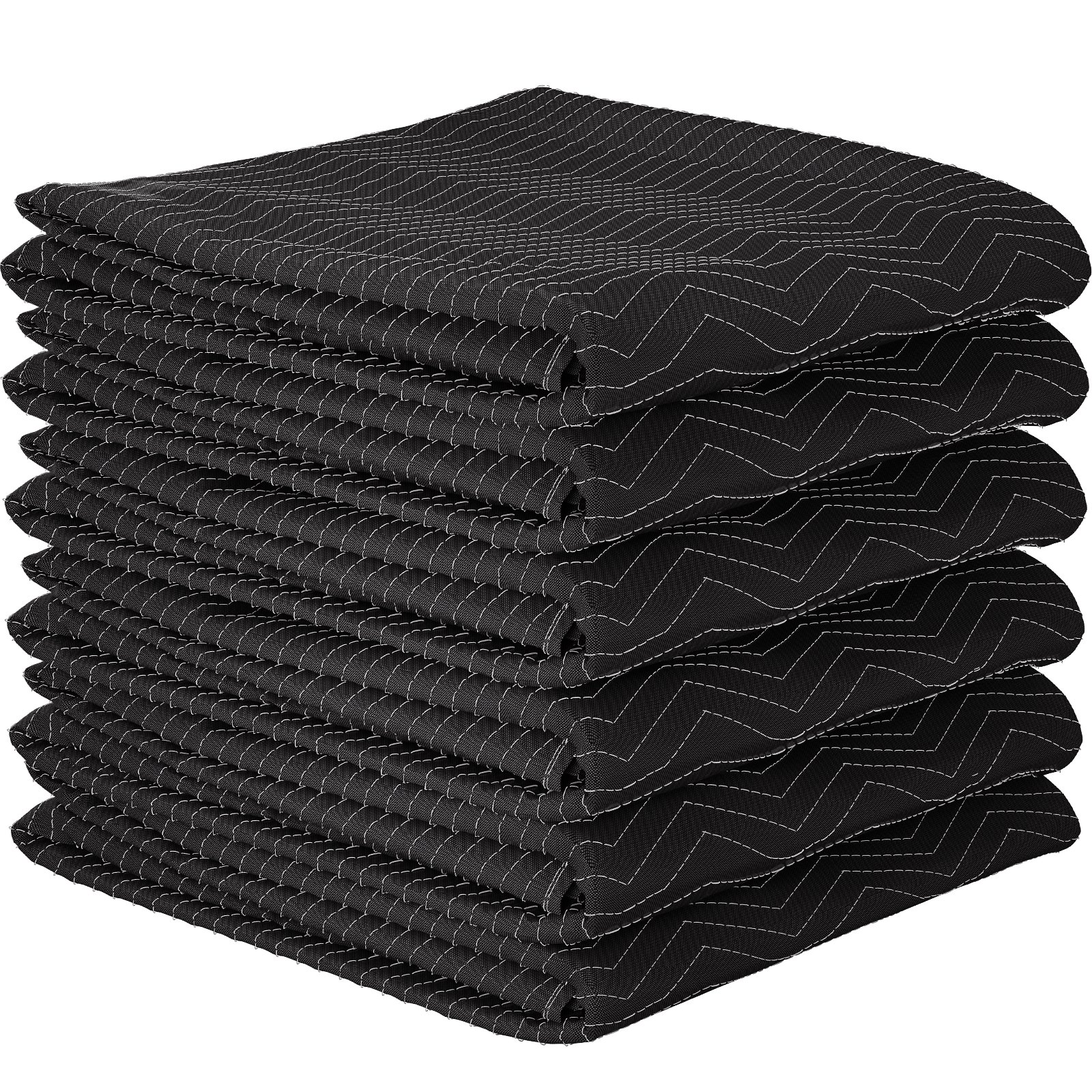 pila de mantas de mudanza VEVOR negras dobladas con patrón de costura en zigzag blanco.
