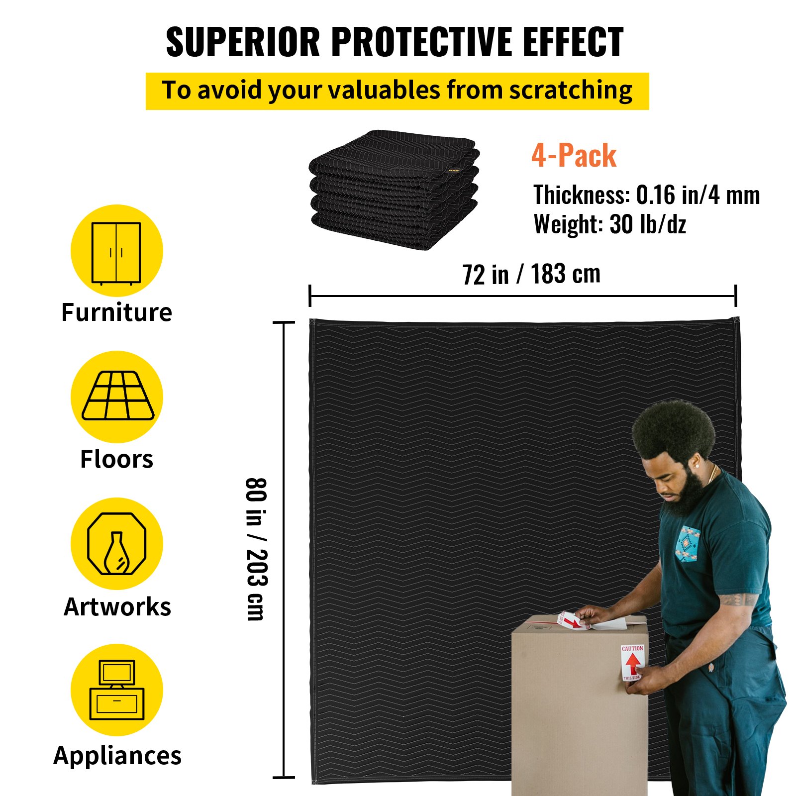 Mantas de mudanza VEVOR, 80" x 72" (peso 30 lb/dz) - Paquete de 4, manta de embalaje profesional de algodón no tejido y reciclado, almohadillas resistentes para proteger muebles, pisos y electrodomésticos, color negro