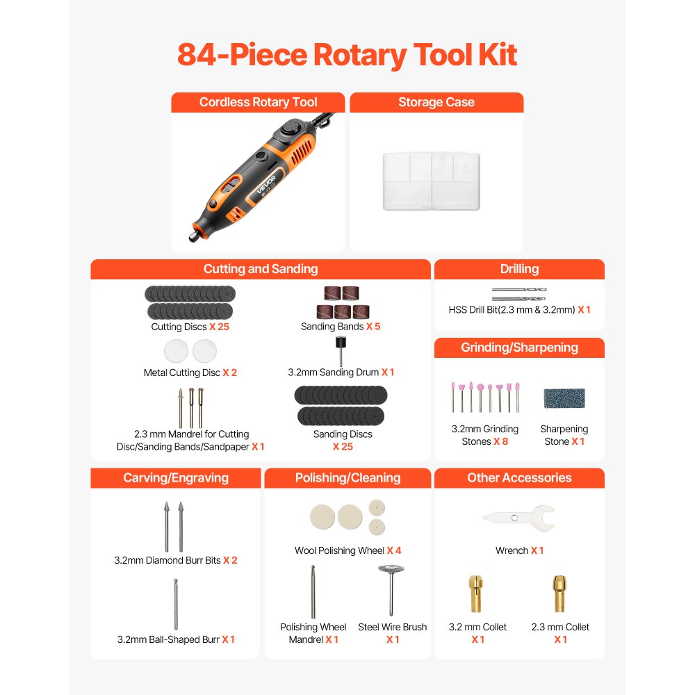Kit de herramientas rotativas VEVOR de 84 piezas, miniherramienta rotativa eléctrica de 200 W con cable, 6 velocidades (8000-40000 RPM), herramientas multiusos para grabar, lijar, pulir, tallar, amolar, cortar y hacer manualidades.