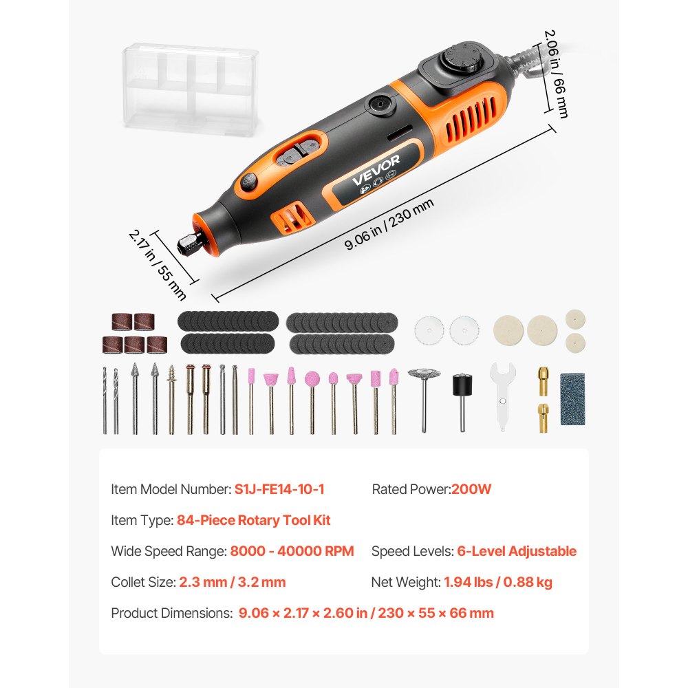 Kit de herramientas rotativas VEVOR de 84 piezas, miniherramienta rotativa eléctrica de 200 W con cable, 6 velocidades (8000-40000 RPM), herramientas multiusos para grabar, lijar, pulir, tallar, amolar, cortar y hacer manualidades.