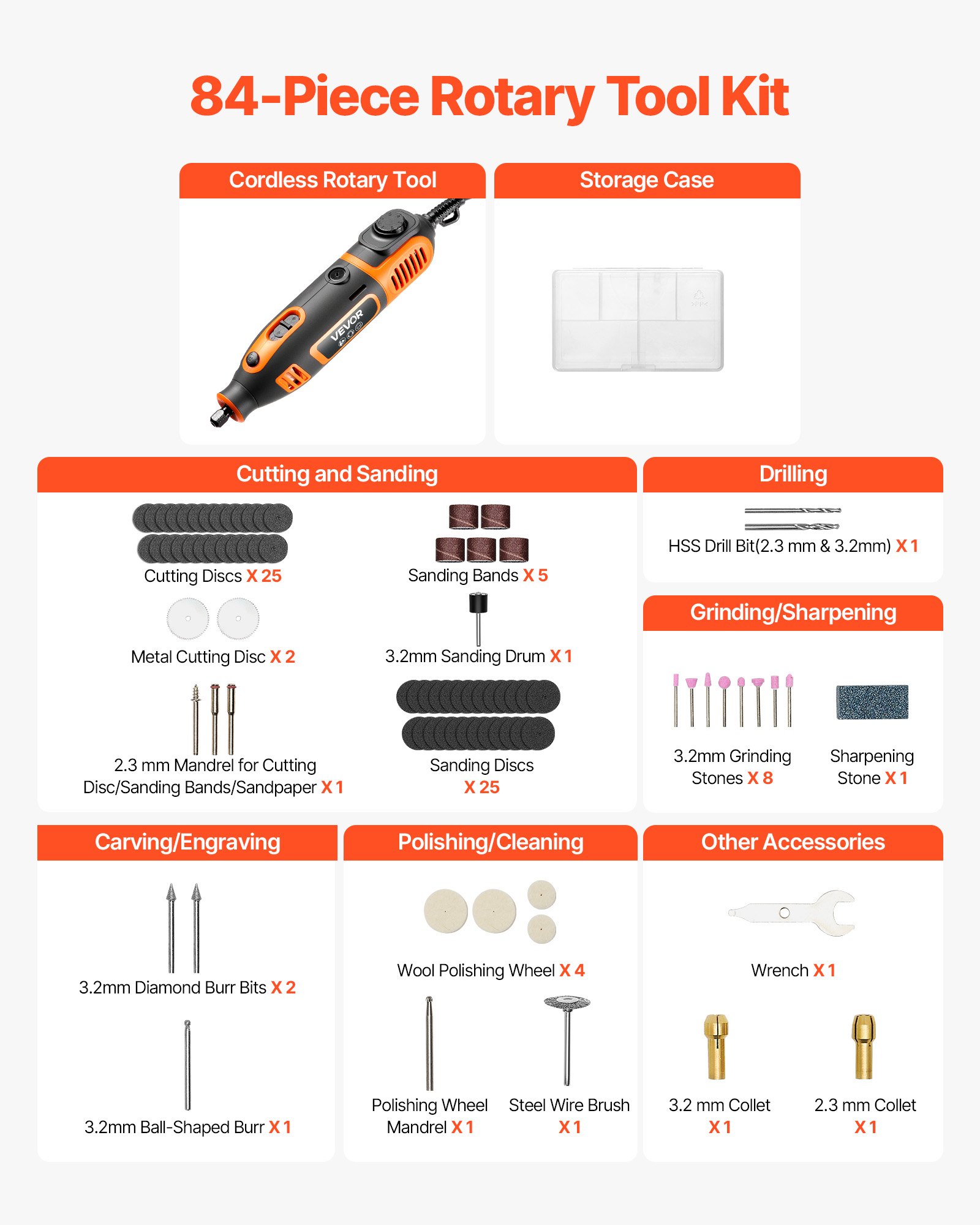 Kit de herramientas rotativas VEVOR de 84 piezas, miniherramienta rotativa eléctrica de 200 W con cable, 6 velocidades (8000-40000 RPM), herramientas multiusos para grabar, lijar, pulir, tallar, amolar, cortar y hacer manualidades.