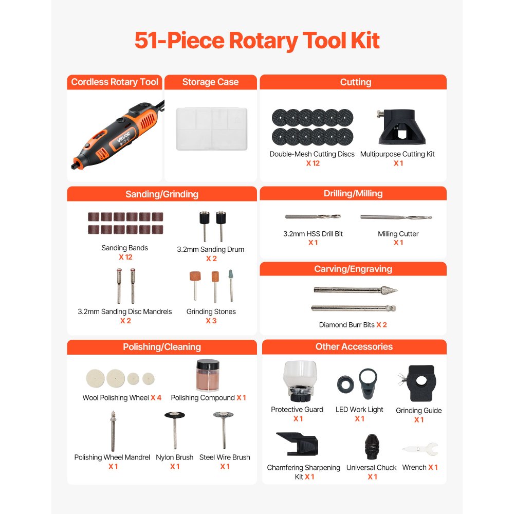 Kit de herramientas rotativas VEVOR de 51 piezas, miniherramienta rotativa eléctrica de 200 W con cable, 8000-40000 RPM, multiusos, con mandril universal para grabar, lijar, amolar, pulir, cortar y hacer manualidades.
