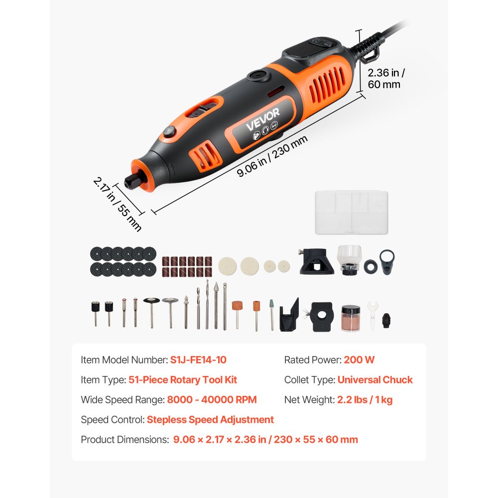 Kit de herramientas rotativas VEVOR de 51 piezas, miniherramienta rotativa eléctrica de 200 W con cable, 8000-40000 RPM, multiusos, con mandril universal para grabar, lijar, amolar, pulir, cortar y hacer manualidades.