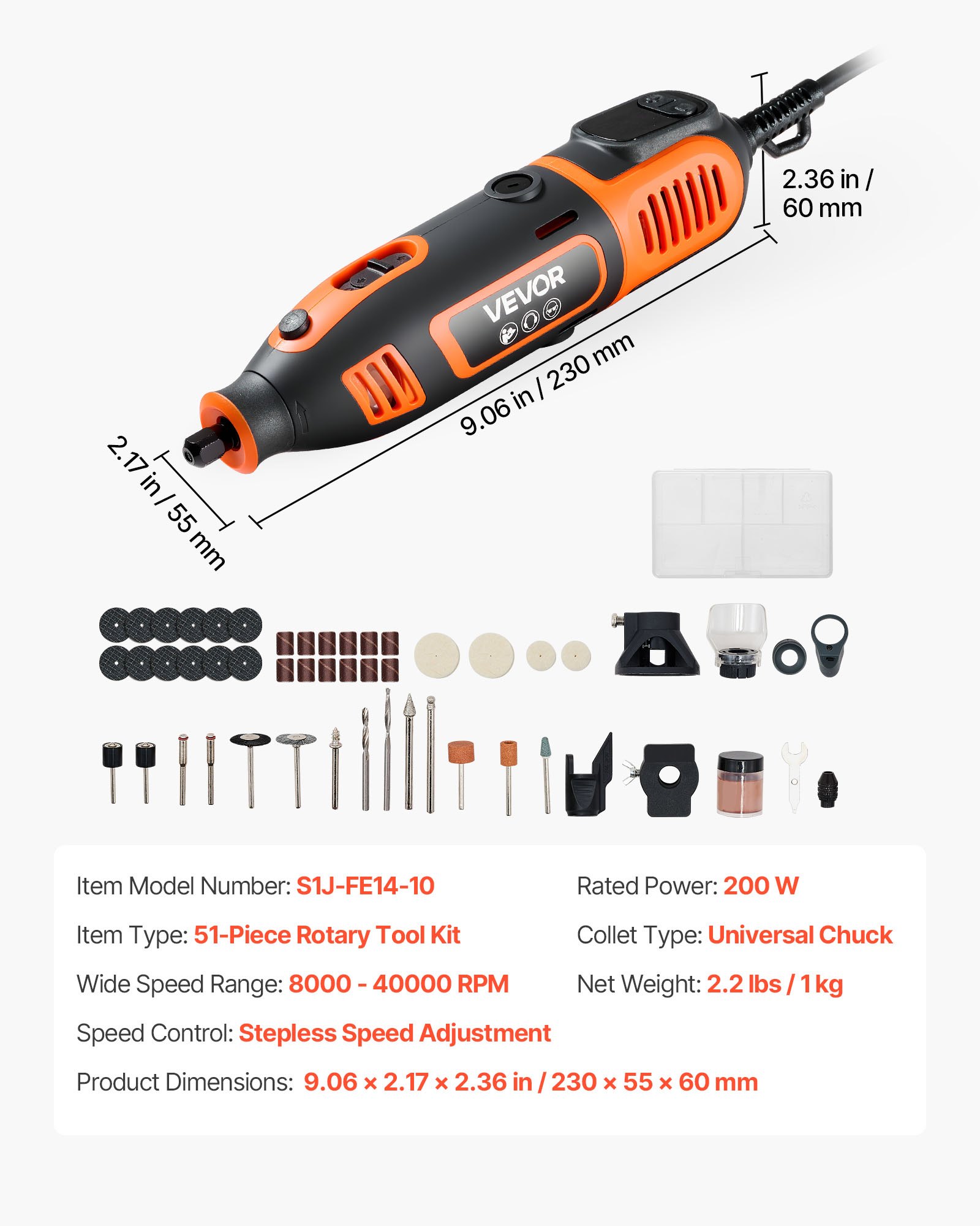 Kit de herramientas rotativas VEVOR de 51 piezas, miniherramienta rotativa eléctrica de 200 W con cable, 8000-40000 RPM, multiusos, con mandril universal para grabar, lijar, amolar, pulir, cortar y hacer manualidades.