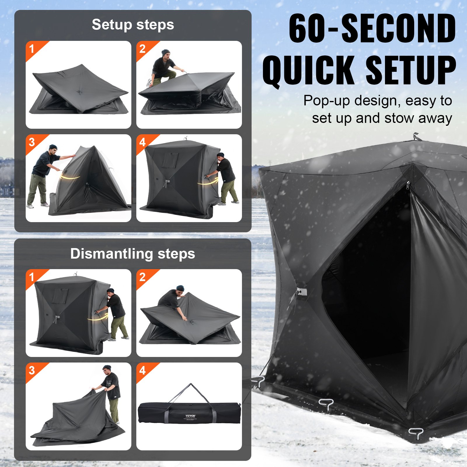 Refugio de hielo portátil VEVOR, tienda de campaña emergente para pesca en hielo para 3-4 personas, 43 pies cuadrados de superficie de pesca, refugio para pesca en invierno, cubo de hielo Oxford impermeable con anclas, cuerdas y bolsa de transporte, 90" x 90", color negro