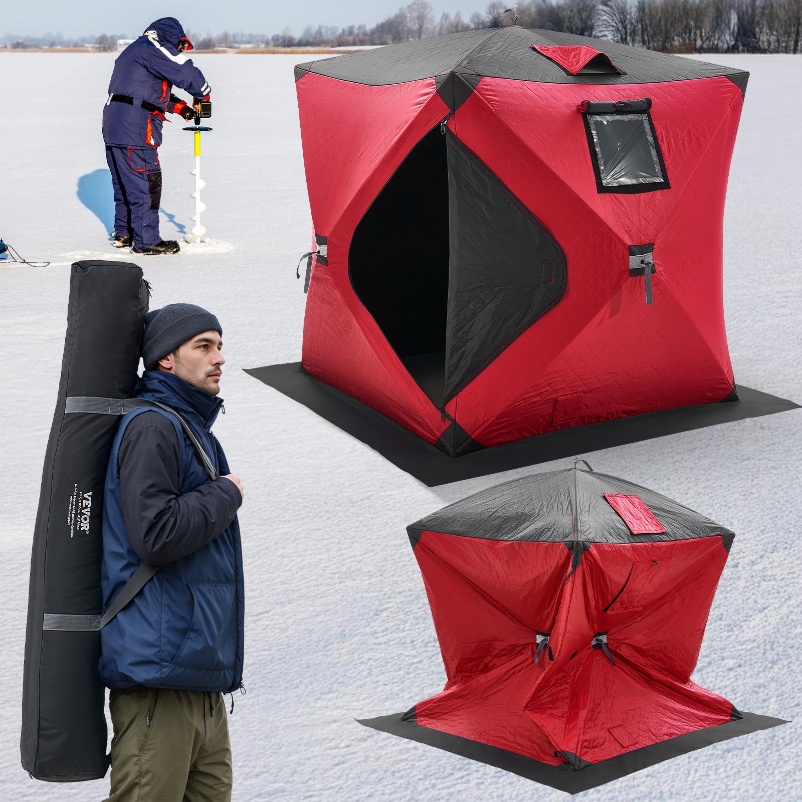 Refugio portátil de pesca en hielo VEVOR, tienda de campaña plegable aislada para 1-2 personas, 24 pies cuadrados de área de pesca, refugio térmico para pesca invernal, incluye cubo de hielo, anclajes, cuerdas y bolsa de transporte, 60" x 60", rojo