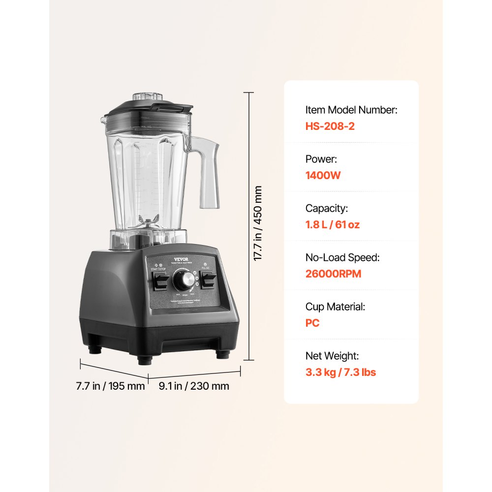 Licuadora VEVOR para batidos, 1400 W, 1,7 l, potente motor, multifuncional, ideal para cocina.