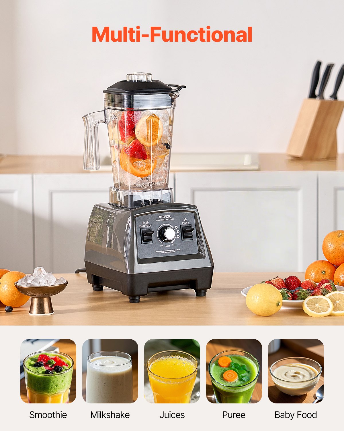 Licuadora VEVOR para batidos, 1400 W, 1,7 l, potente motor, multifuncional, ideal para cocina.