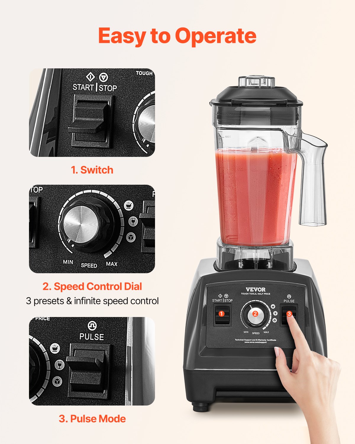 Licuadora VEVOR para batidos, 1400 W, 1,7 l, potente motor, multifuncional, ideal para cocina.