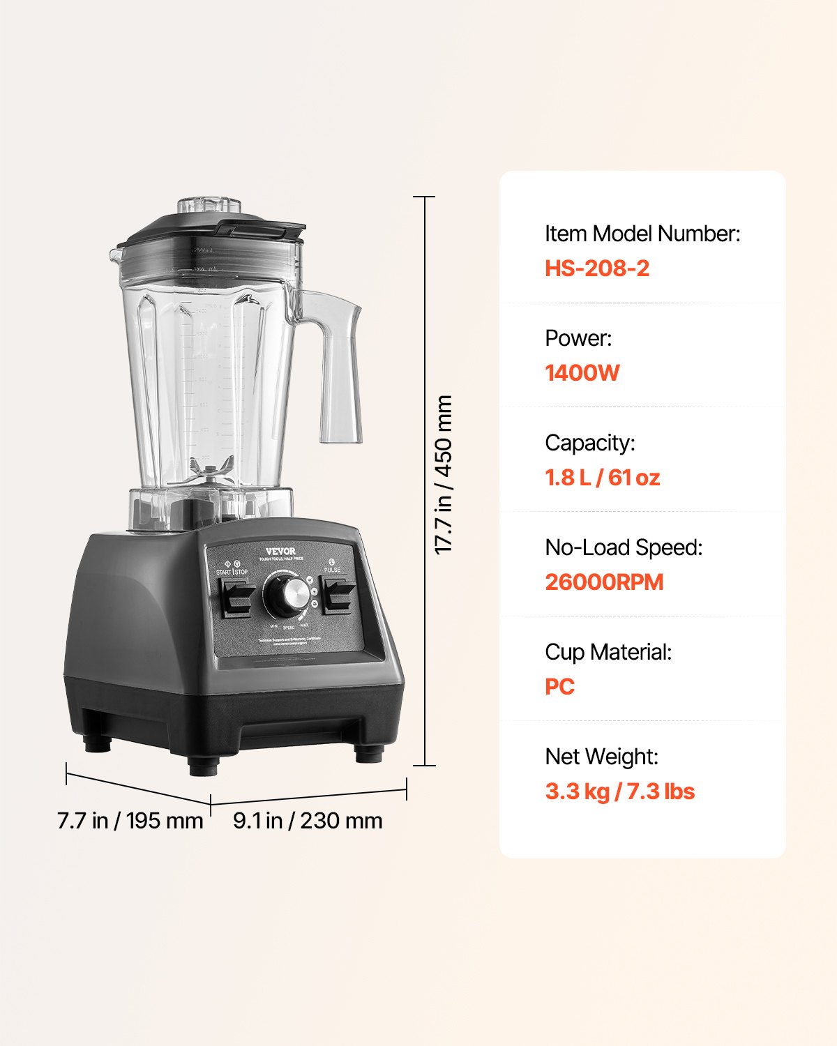 Licuadora VEVOR para batidos, 1400 W, 1,7 l, potente motor, multifuncional, ideal para cocina.