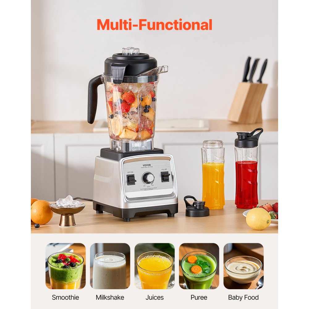 Licuadora VEVOR para batidos, 85 oz, 1400 W, licuadora profesional con motor potente, licuadora multifuncional para procesar alimentos con 2 tazas para batidos, leche y jugos, apta para la cocina.