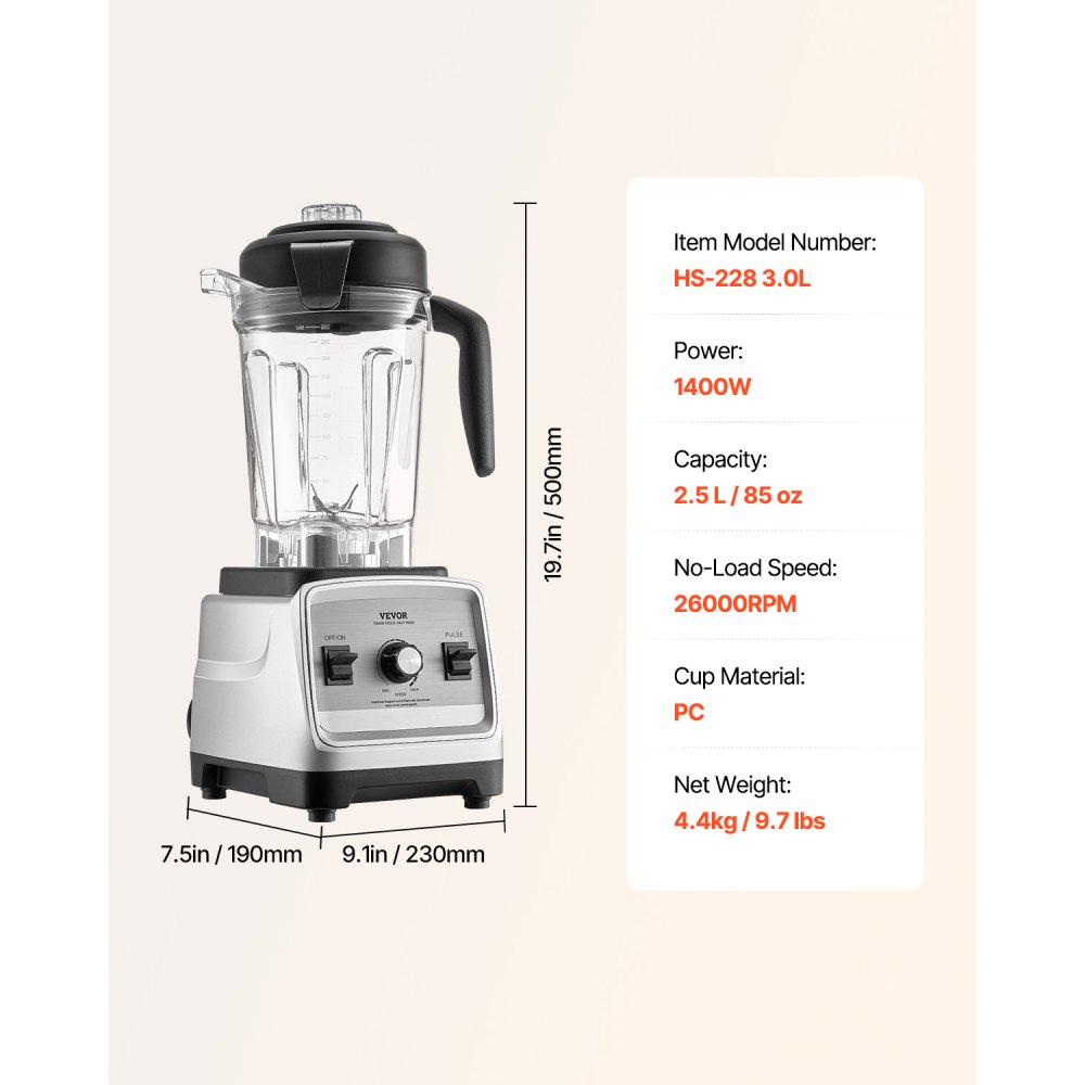 Licuadora VEVOR para batidos, 85 oz, 1400 W, licuadora profesional con motor potente, licuadora multifuncional para procesar alimentos con 2 tazas para batidos, leche y jugos, apta para la cocina.