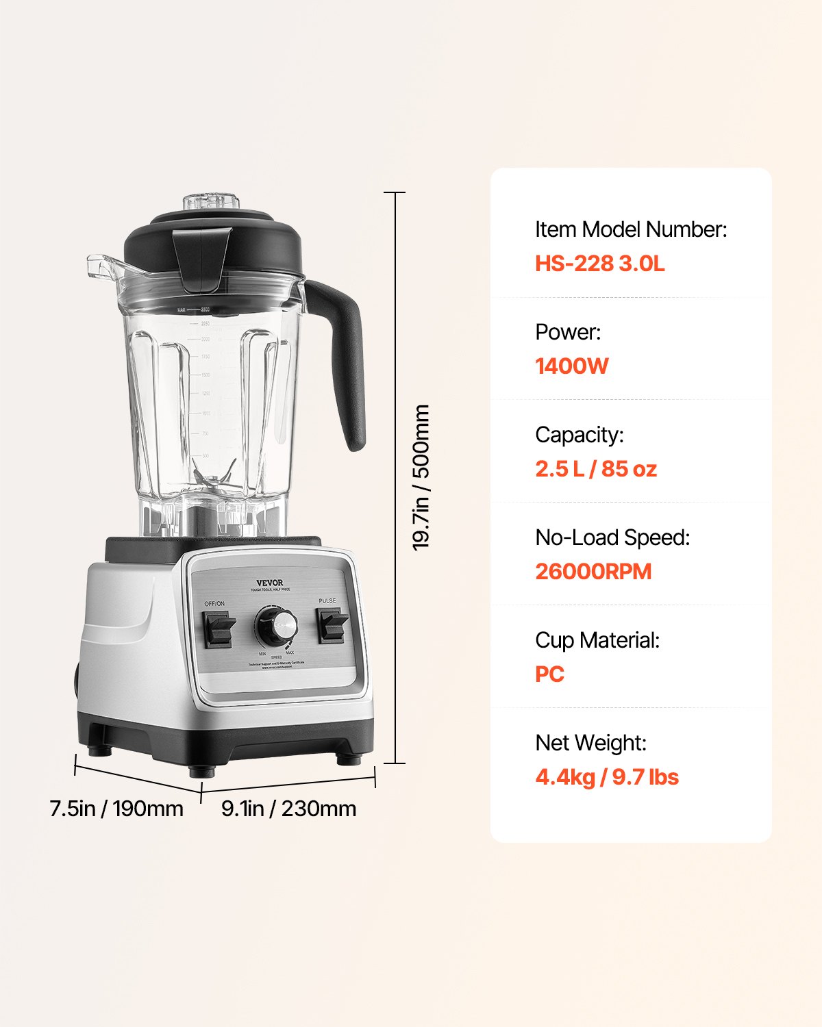 Licuadora VEVOR para batidos, 85 oz, 1400 W, licuadora profesional con motor potente, licuadora multifuncional para procesar alimentos con 2 tazas para batidos, leche y jugos, apta para la cocina.