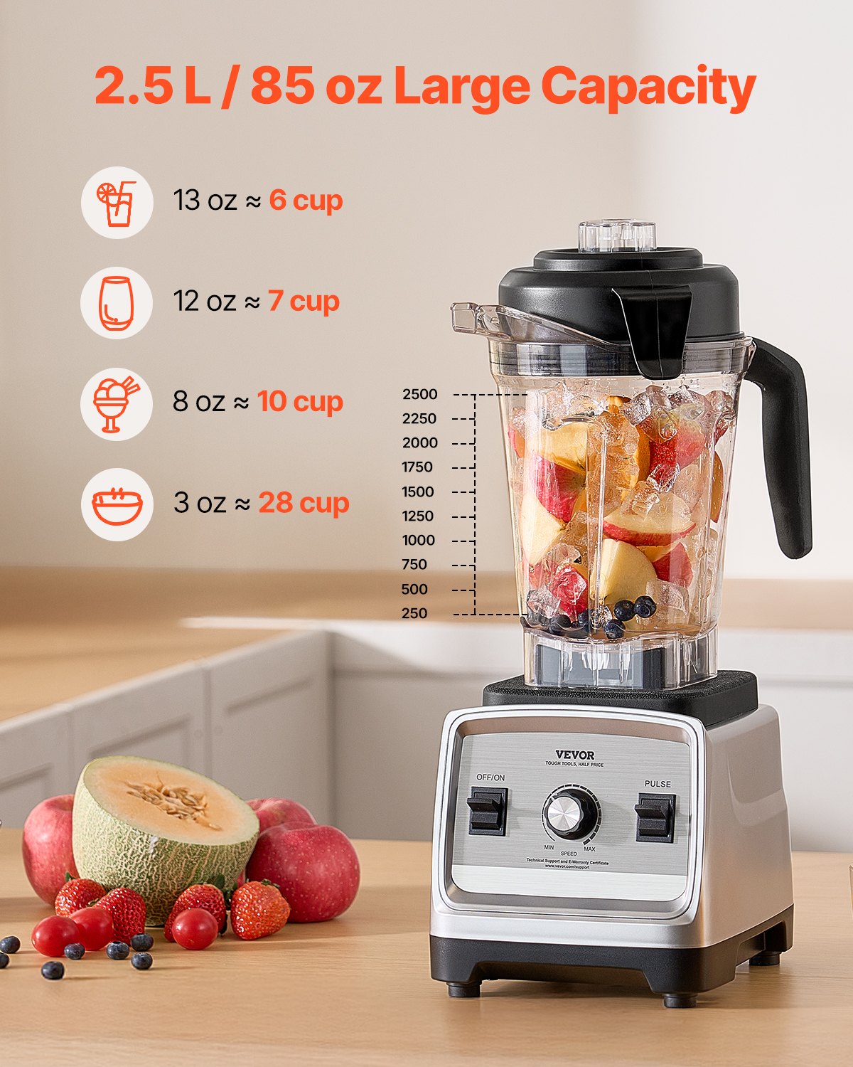 Licuadora VEVOR para batidos, 85 oz, 1400 W, licuadora profesional con motor potente, licuadora multifuncional para procesar alimentos con 2 tazas para batidos, leche y jugos, apta para la cocina.