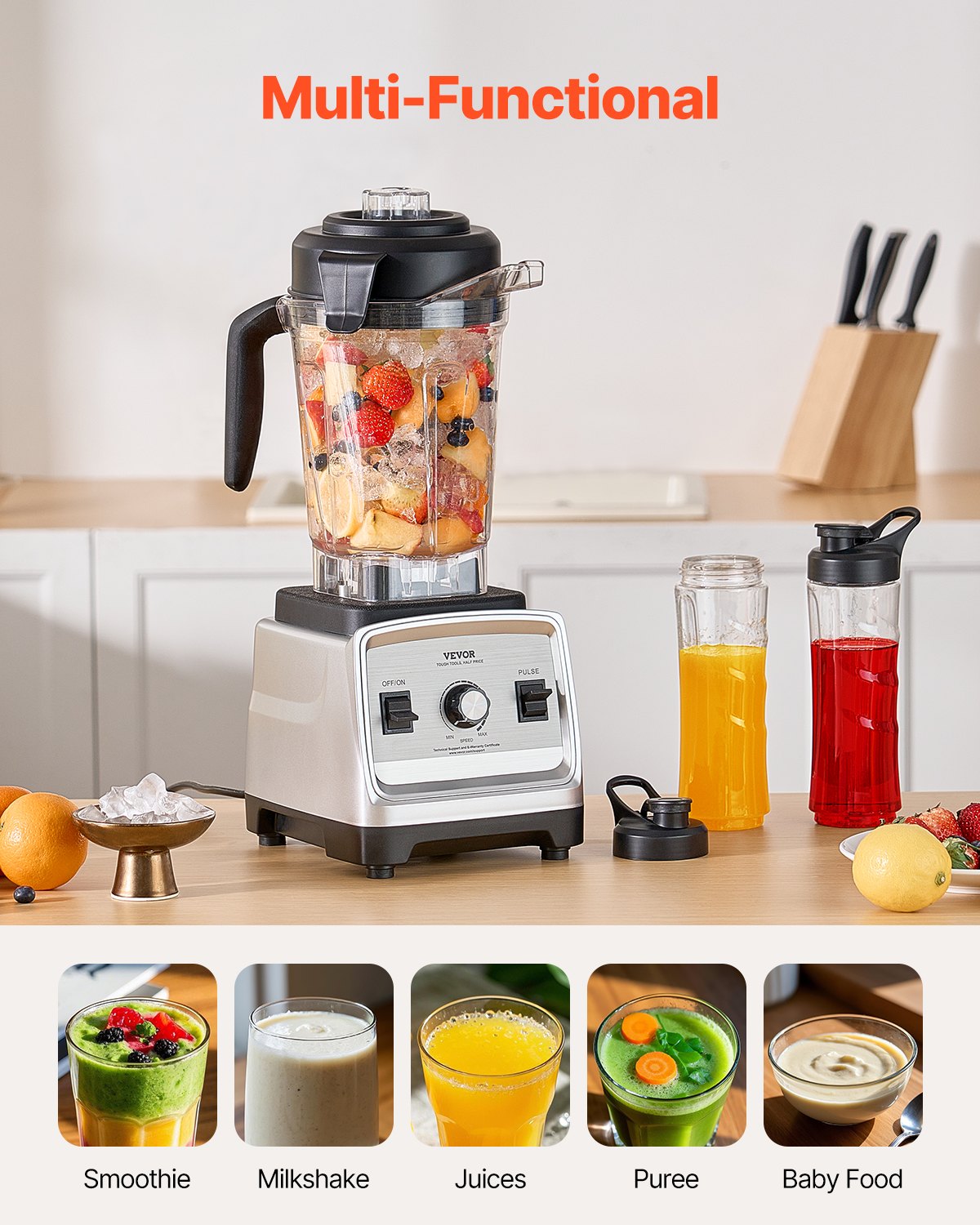 Licuadora VEVOR para batidos, 85 oz, 1400 W, licuadora profesional con motor potente, licuadora multifuncional para procesar alimentos con 2 tazas para batidos, leche y jugos, apta para la cocina.