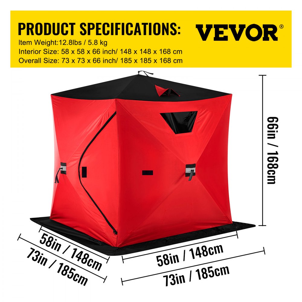 Tienda de campaña para pesca en hielo VEVOR para 2 o 3 personas, tela Oxford 300D, portátil, con diseño desplegable, resistente al agua y al viento, ideal para pesca al aire libre, color rojo