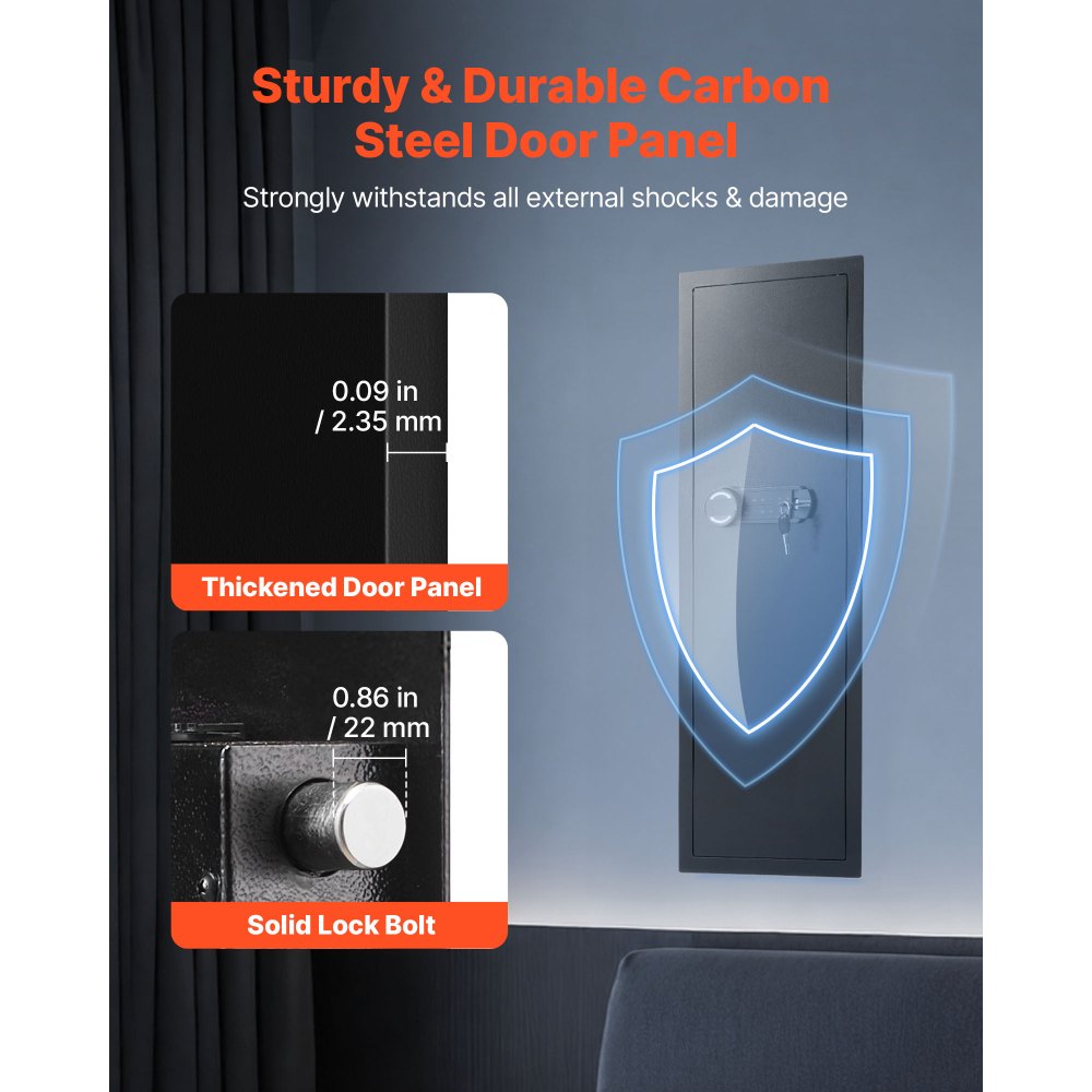 Caja fuerte de pared VEVOR, caja fuerte oculta de 4 niveles para armas con contraseña y llave, de acero laminado en frío Q235 con iluminación LED, 3 estantes ajustables y llaveros para dinero, joyas y pasaporte, color negro.