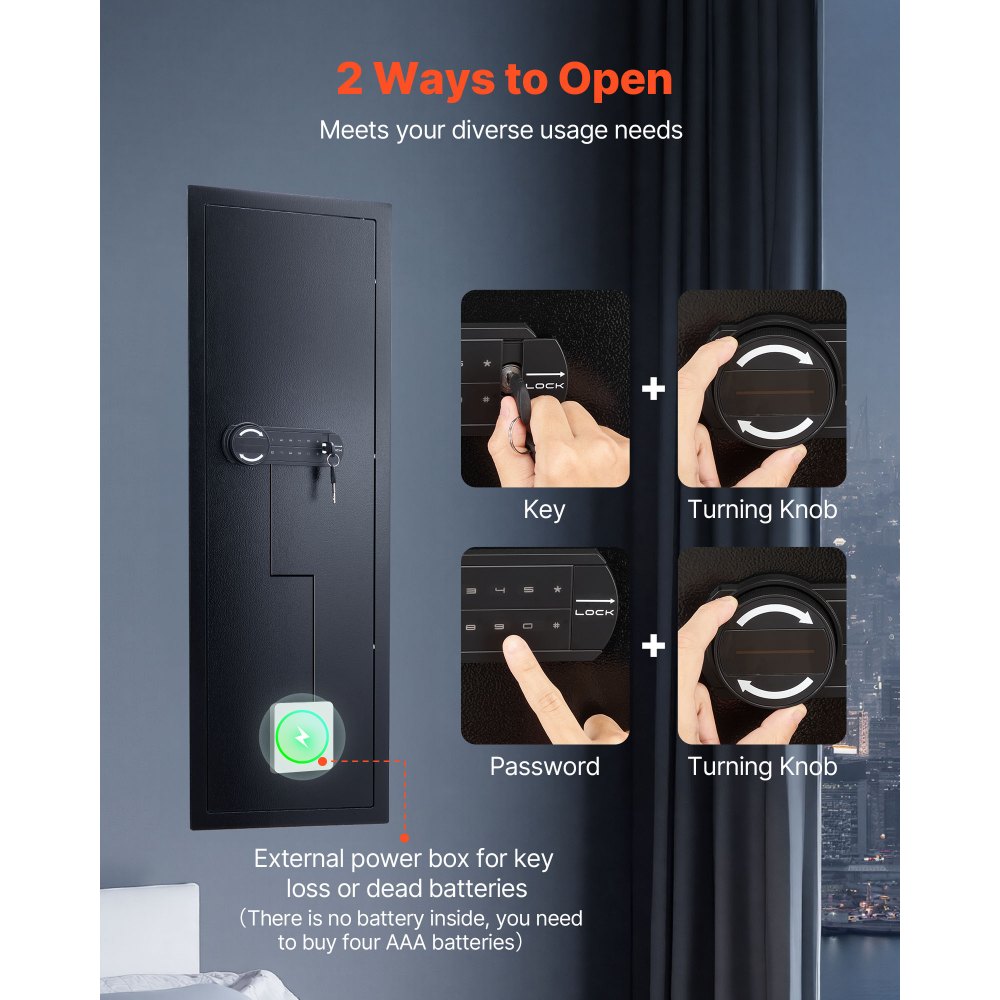 Caja fuerte de pared VEVOR, caja fuerte oculta de 4 niveles para armas con contraseña y llave, de acero laminado en frío Q235 con iluminación LED, 3 estantes ajustables y llaveros para dinero, joyas y pasaporte, color negro.