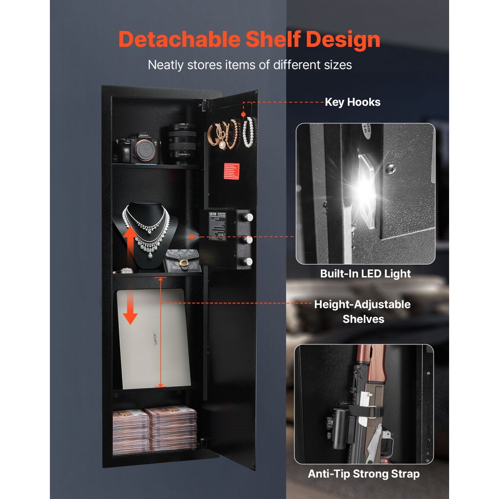 Caja fuerte de pared VEVOR, caja fuerte oculta de 4 niveles para armas con contraseña y llave, de acero laminado en frío Q235 con iluminación LED, 3 estantes ajustables y llaveros para dinero, joyas y pasaporte, color negro.