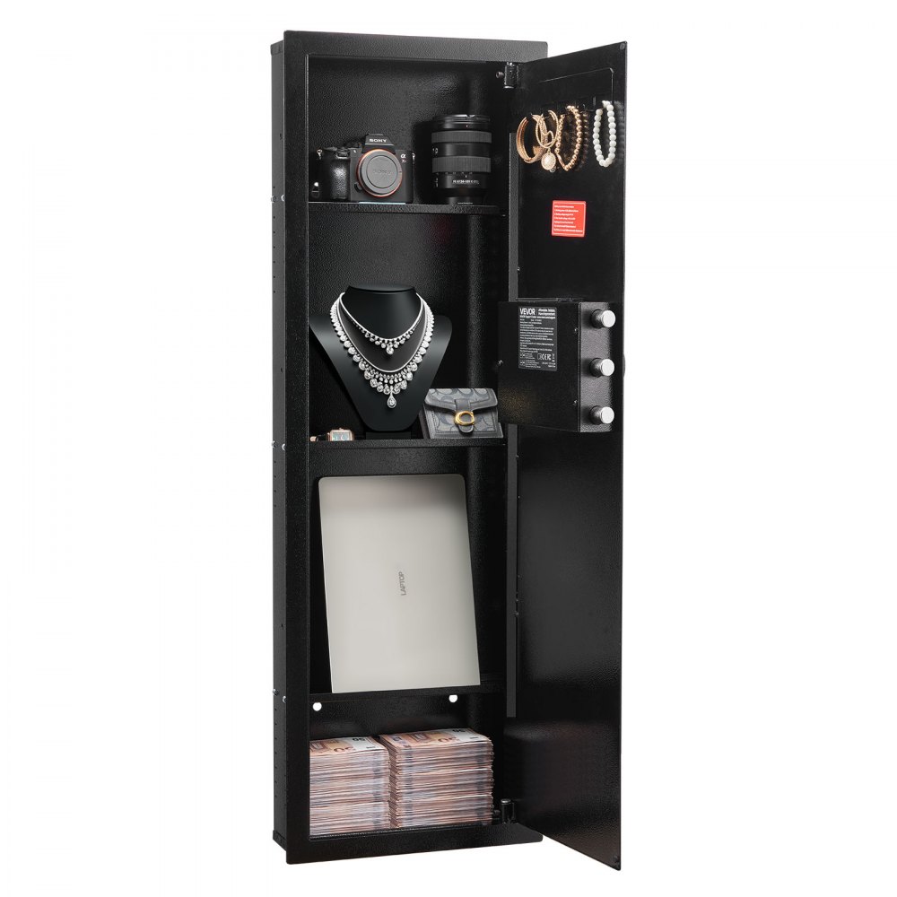 Caja fuerte de pared VEVOR, caja fuerte oculta de 4 niveles para armas con contraseña y llave, de acero laminado en frío Q235 con iluminación LED, 3 estantes ajustables y llaveros para dinero, joyas y pasaporte, color negro.
