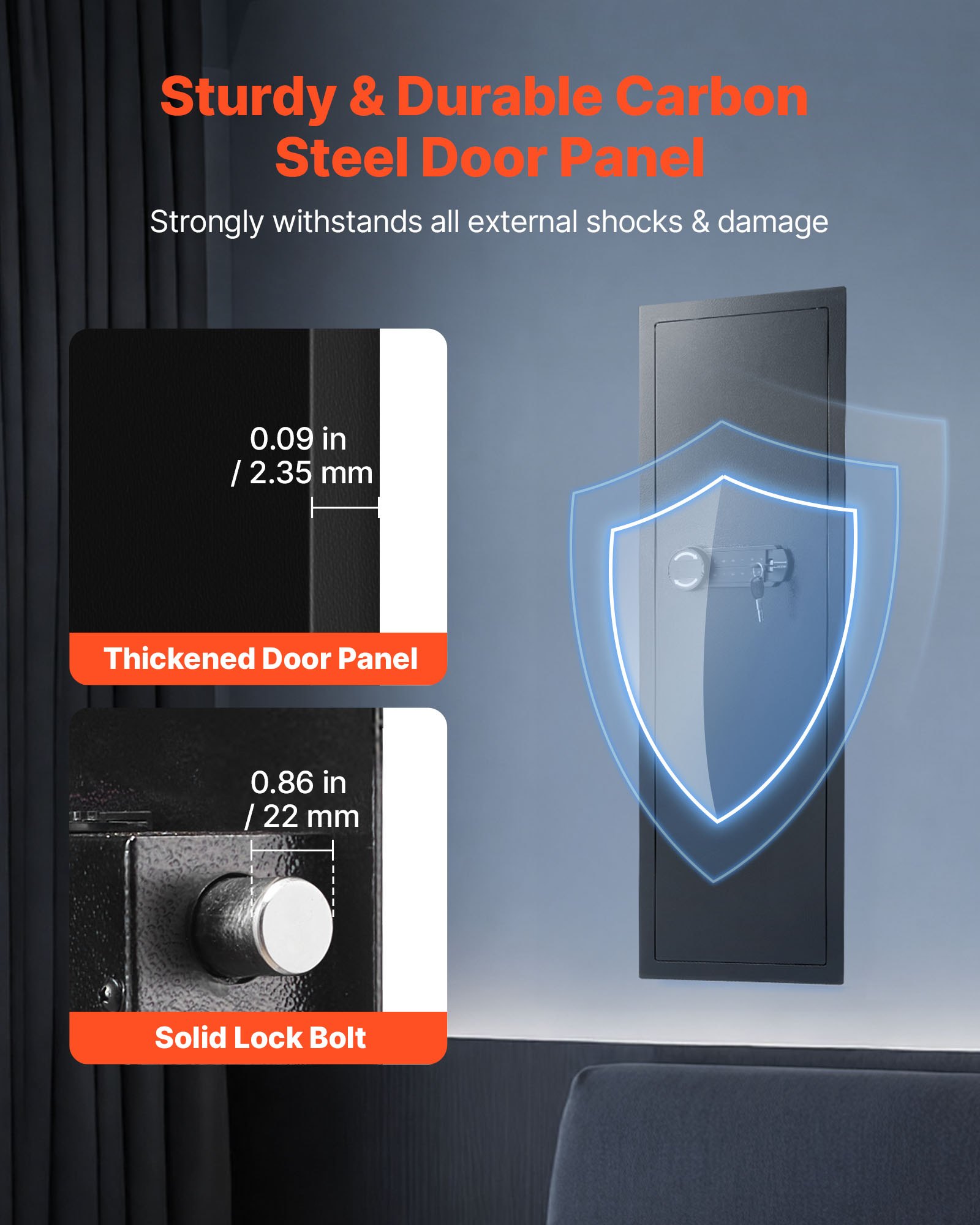 Caja fuerte de pared VEVOR, caja fuerte oculta de 4 niveles para armas con contraseña y llave, de acero laminado en frío Q235 con iluminación LED, 3 estantes ajustables y llaveros para dinero, joyas y pasaporte, color negro.