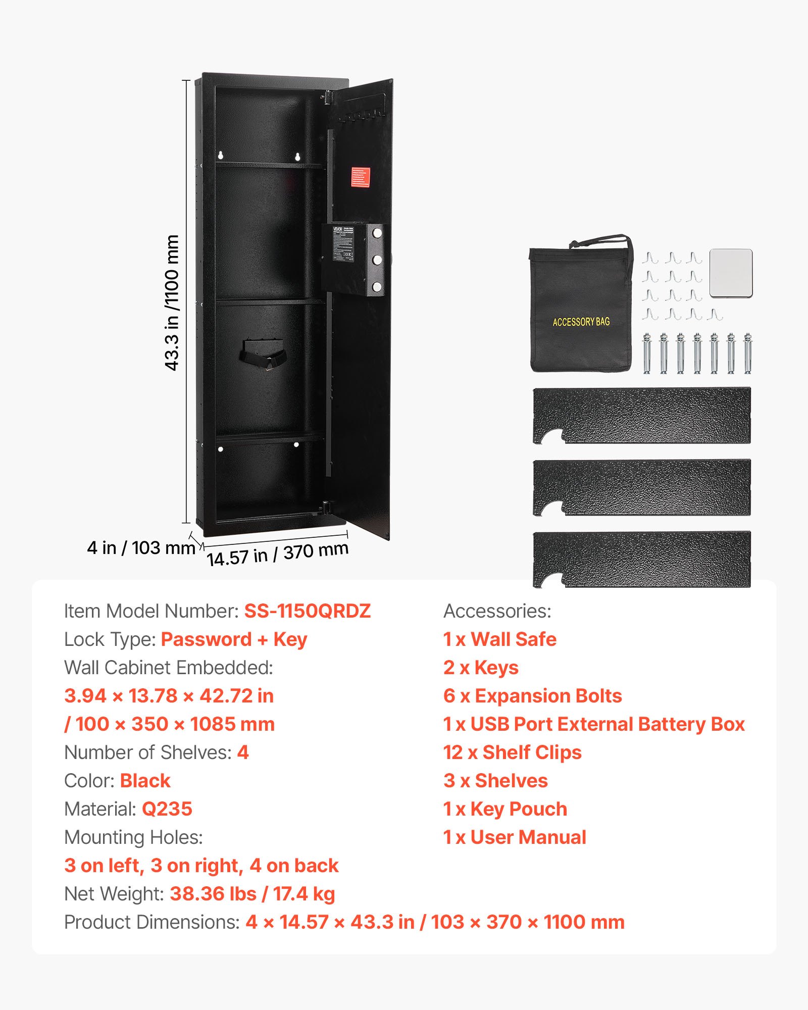 Caja fuerte de pared VEVOR, caja fuerte oculta de 4 niveles para armas con contraseña y llave, de acero laminado en frío Q235 con iluminación LED, 3 estantes ajustables y llaveros para dinero, joyas y pasaporte, color negro.