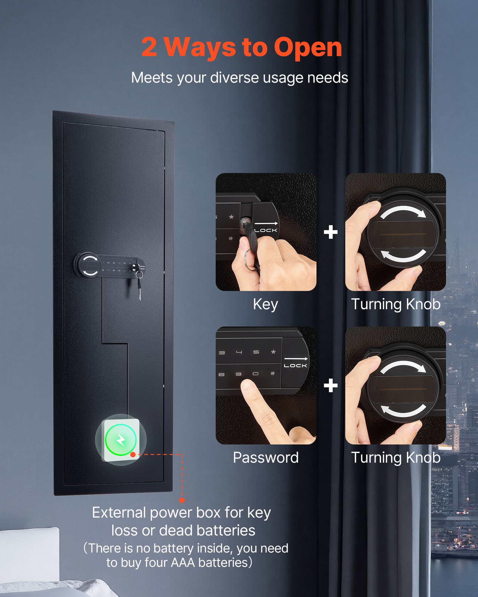 Caja fuerte de pared VEVOR, caja fuerte oculta de 4 niveles para armas con contraseña y llave, de acero laminado en frío Q235 con iluminación LED, 3 estantes ajustables y llaveros para dinero, joyas y pasaporte, color negro.
