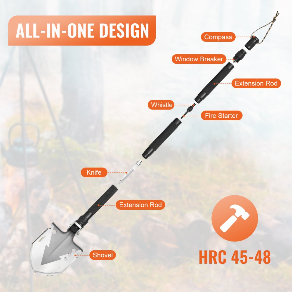 Pala de supervivencia VEVOR, multiherramienta plegable 11 en 1 para acampar, pala táctica compacta y portátil de grado militar, multifunción para todoterreno, camping, senderismo, actividades al aire libre, supervivencia y emergencias.