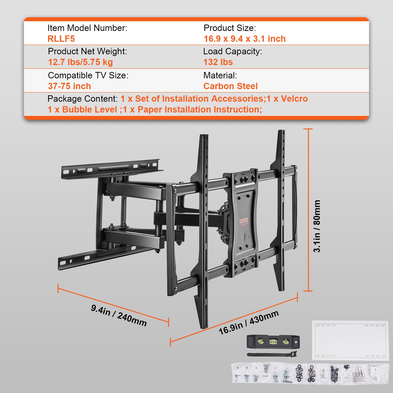 Soporte de TV de movimiento completo VEVOR, acero al carbono, carga de 132 libras, se adapta a televisores de 37 a 75 pulgadas, 16,9 x 9,4 x 3,1 pulgadas.