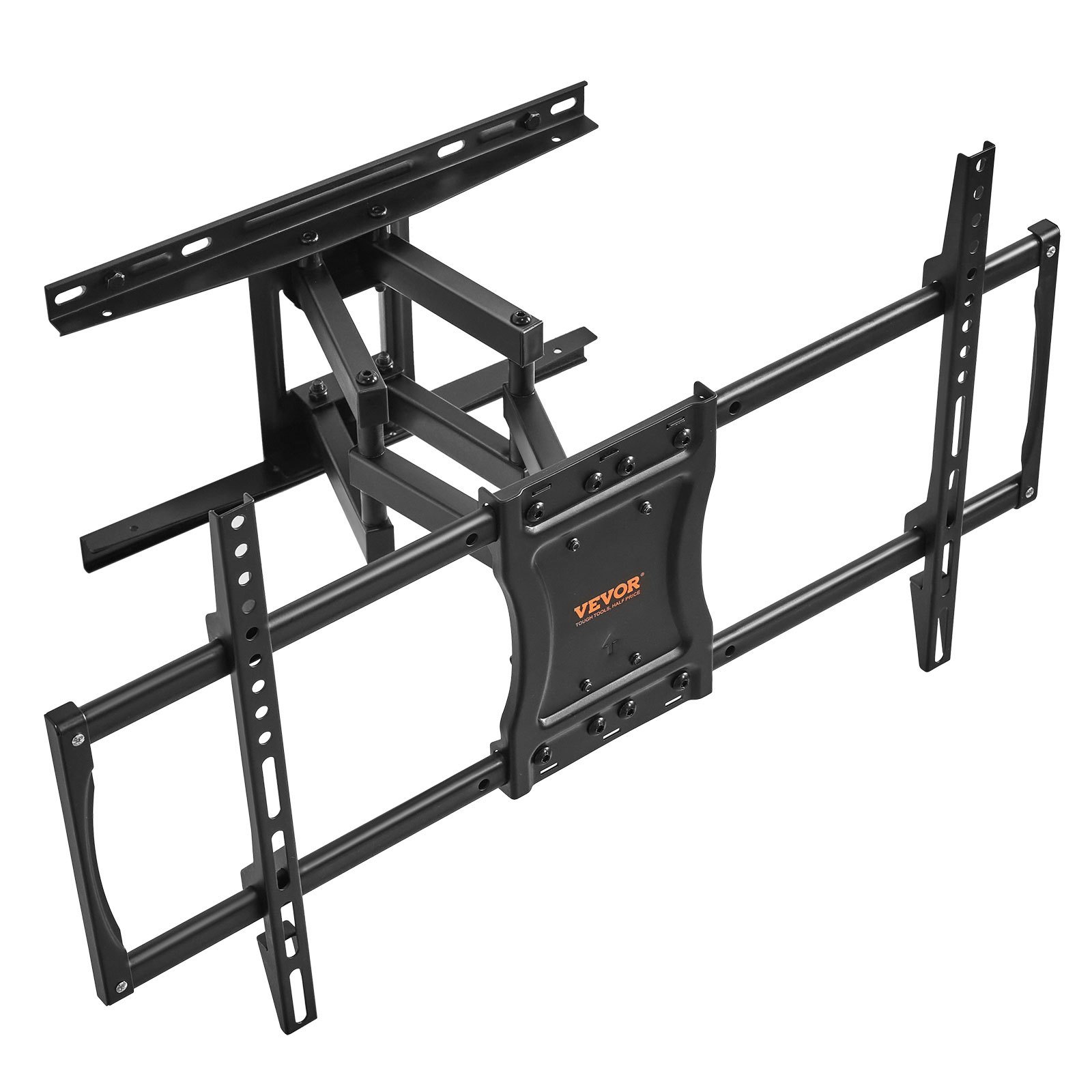 Soporte de TV de movimiento completo VEVOR con brazos ajustables y soportes de montaje en acabado negro.