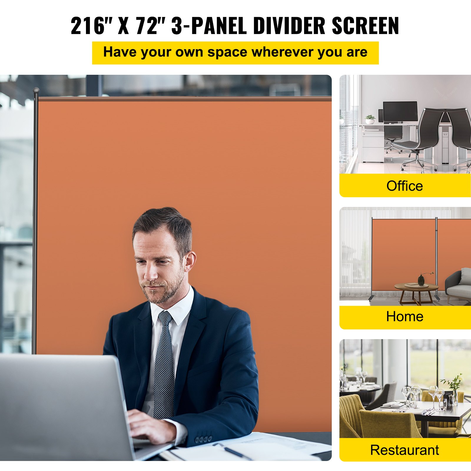 VEVOR Biombo Divisor 3 Paneles de Pie Naranja Separador de Ambientes Plegable de 360 Grados 150x180 cm de Tela Impermeable Biombos Separadores de Privacidad con 8 Ruedas para Hogar, Oficina, Salón